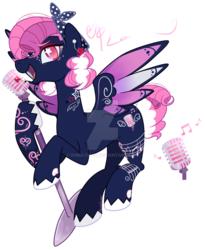 Size: 1024x1246 | Tagged: safe, artist:khimi-chan, oc, oc:rock-a-filly, sparrow, bandana, donut steel, earring, mic stand, microphone, piercing, solo, tattoo, watermark