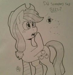 Size: 1280x1328 | Tagged: safe, artist:notenoughapples, applejack, bee, g4, female, monochrome, sketch, solo, traditional art