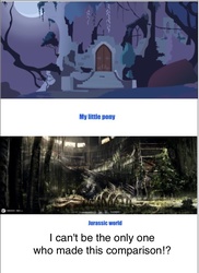 Size: 645x888 | Tagged: safe, apophenia, castle of the royal pony sisters, comparison, jurassic park, jurassic world, op is a duck, ruins