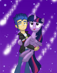 Size: 700x893 | Tagged: safe, artist:scruffytoto, flash sentry, twilight sparkle, alicorn, pony, equestria girls, g4, clothes, duo, duo male and female, female, holding a pony, human flash sentry x pony twilight, interspecies, male, mare, meteor shower, ship:flashlight, shipping, straight, twilight sparkle (alicorn)