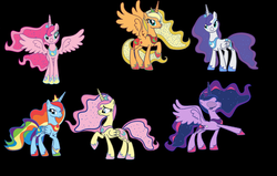 Size: 1024x650 | Tagged: safe, artist:oliwia2514, part of a set, applejack, fluttershy, pinkie pie, princess luna, rainbow dash, rarity, twilight sparkle, alicorn, pony, g4, alicorn six, applecorn, black background, concave belly, ethereal mane, everyone is an alicorn, female, fluttercorn, mane six, mare, ms paint, palette swap, pinkiecorn, rainbowcorn, raricorn, simple background, slender, starry mane, thin, twilight sparkle (alicorn), xk-class end-of-the-world scenario