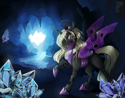 Size: 1280x1000 | Tagged: safe, artist:casynuf, oc, oc only, oc:queen vaspira, changeling, changeling queen, cave, changeling queen oc, crystal, fangs, female, looking at you, mare, purple changeling, raised hoof, solo, spread wings, wings