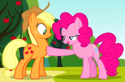 Size: 660x430 | Tagged: safe, screencap, applejack, pinkie pie, pony, g4, too many pinkie pies, cropped