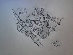 Size: 960x720 | Tagged: safe, artist:mintychip, oc, oc only, oc:cherry doodle, bat pony, pony, dragoon, final fantasy xiv, freckles, gae bolg, monochrome, solo, traditional art