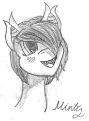 Size: 573x777 | Tagged: safe, artist:mintychip, oc, oc only, oc:cherry doodle, bat pony, pony, fangs, freckles, monochrome, solo, traditional art