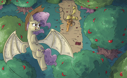 Size: 1698x1050 | Tagged: safe, artist:saturdaymorningproj, applejack, fluttershy, bat pony, pony, g4, apple tree, flutterbat, flying, hat thief, lasso, mouth hold, rope, tree