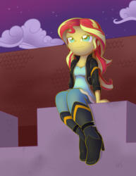 Size: 1024x1325 | Tagged: dead source, safe, artist:sycotei-b, sunset shimmer, equestria girls, g4, my little pony equestria girls: rainbow rocks, my past is not today, canterlot high, clothes, female, leather jacket, rooftop, scene interpretation, signature, sitting, solo