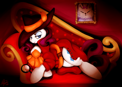 Size: 1280x911 | Tagged: safe, artist:shivall, rarity, g4, rarity investigates, clothes, couch, detective, detective rarity, female, hat, looking at you, magnifying glass, noir, scene interpretation, signature, solo