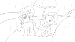 Size: 3000x1688 | Tagged: safe, artist:txmares, sunset shimmer, trixie, pony, unicorn, g4, filly, filly sunset shimmer, filly trixie, monochrome, rain, sad, sketch, umbrella, younger
