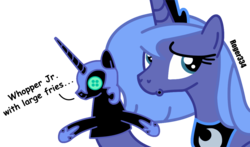 Size: 1146x675 | Tagged: safe, artist:roger334, nightmare moon, princess luna, alicorn, pony, g4, burger king, cute, female, mare, puppet, s1 luna, simple background, transparent background, vector, ventriloquism, wat