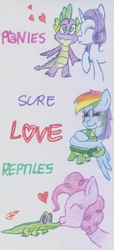 Size: 736x1608 | Tagged: safe, artist:creatrix-shyra, gummy, pinkie pie, rainbow dash, rarity, spike, tank, g4, crying, discussion in the comments, female, heart, kissing, male, ship:sparity, shipping, simple background, straight, traditional art, white background