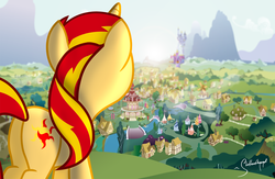 Size: 1486x967 | Tagged: safe, artist:shutterflyeqd, sunset shimmer, pony, unicorn, g4, butt, female, plot, ponyville, solo, twilight's castle