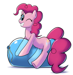 Size: 1357x1399 | Tagged: safe, artist:goshaag, pinkie pie, earth pony, pony, g4, balloon, balloon fetish, balloon riding, female, fetish, one eye closed, party balloon, simple background, solo, that pony sure does love balloons, transparent background, wink