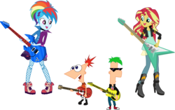 Size: 11329x7116 | Tagged: dead source, safe, artist:birdalliance, rainbow dash, sunset shimmer, equestria girls, friendship through the ages, g4, my little pony equestria girls: rainbow rocks, 80s, absurd resolution, bass guitar, clothes, crossover, disney, electric guitar, ferb fletcher, flying v, group, guitar, guitar pick, guitars, high heel boots, leather jacket, looking at each other, musical instrument, necklace, open mouth, phineas and ferb, phineas flynn, playing, rainbow punk, rock (music), rockin' hair, sunglasses