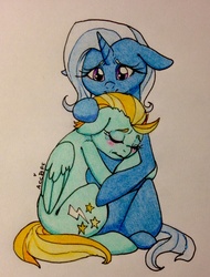 Size: 1708x2244 | Tagged: safe, artist:ameliacostanza, lightning dust, trixie, pony, unicorn, g4, comforting, crying, female, grief, hug, mare, sadness, traditional art