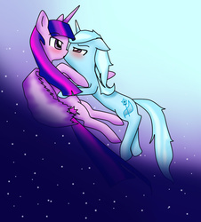 Size: 850x940 | Tagged: safe, artist:the-secret-perfect, artist:trixie-cl, trixie, twilight sparkle, alicorn, pony, unicorn, g4, blushing, duo, female, kiss on the lips, kissing, lesbian, mare, moon, night, ship:twixie, shipping, twilight sparkle (alicorn)