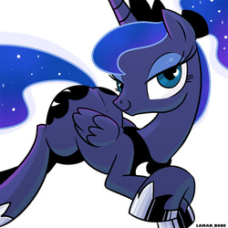 Size: 800x800 | Tagged: safe, artist:lamar_bone, derpibooru exclusive, princess luna, alicorn, pony, g4, alternate hairstyle, bedroom eyes, butt, crossed hooves, female, looking at you, mare, plot, ponytail, prone, simple background, smiling, solo, white background