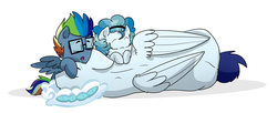 Size: 1024x416 | Tagged: safe, artist:craftedfun3, soarin', pony, g4, colt, drool, filly, glasses, offspring, parent:rainbow dash, parent:soarin', parents:soarindash, pillow, simple background, sleeping, white background