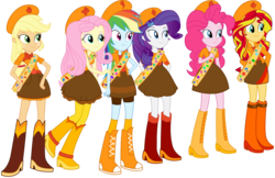 Size: 15284x9891 | Tagged: dead source, safe, artist:birdalliance, applejack, fluttershy, pinkie pie, rainbow dash, rarity, sunset shimmer, equestria girls, g4, absurd resolution, belt, boots, clothes, cowboy boots, cowboy hat, crossover, disney, fireside girls, freckles, group, hat, high heel boots, humane five, humane six, jacket, phineas and ferb, shirt, shoes, simple background, skirt, socks, transparent background, uniform, vector, vest