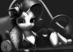 Size: 1920x1357 | Tagged: safe, artist:doll, rarity, g4, rarity investigates, bedroom eyes, clothes, draw me like one of your french girls, fainting couch, female, looking at you, monochrome, on side, smiling, solo