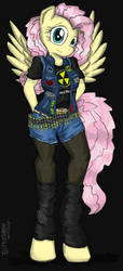 Size: 1200x2636 | Tagged: safe, artist:flutterthrash, fluttershy, anthro, unguligrade anthro, g4, alternate hairstyle, anthrax, breasts, bullet belt, clothes, female, jacket, leg warmers, metalhead, patch, remake, rock (music), solo, spread wings, thrash metal