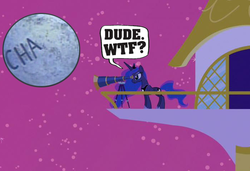 Size: 698x477 | Tagged: safe, princess luna, g4, balcony, chairface chippendale, female, graffiti, moon, solo, telescope, the tick