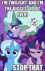 Size: 624x983 | Tagged: safe, opalescence, trixie, twilight sparkle, pony, unicorn, g4, clerks, clerks: the animated series, dunce hat, female, hat, image macro, mare, meme