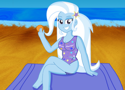 Size: 2538x1839 | Tagged: safe, artist:cyber-murph, trixie, equestria girls, g4, beach, breasts, busty trixie, clothes, cutie mark on clothes, cutie mark swimsuit, female, hilarious in hindsight, one-piece swimsuit, solo, swimsuit