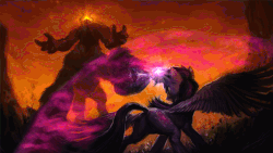 Size: 1100x619 | Tagged: safe, artist:assasinmonkey, artist:equum_amici, lord tirek, twilight sparkle, alicorn, pony, g4, twilight's kingdom, angry, animated, art, badass, barrier, butt, cinemagraph, crying, dark, epic, female, fight, force field, furious, glare, glowing, good vs evil, low angle, magic, mare, messy mane, metal as fuck, perspective, plot, raised hoof, size difference, spread wings, stomping, twilight sparkle (alicorn), twilight vs tirek, underhoof