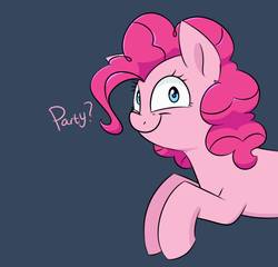 Size: 1280x1231 | Tagged: safe, artist:notenoughapples, pinkie pie, earth pony, pony, g4, creepy smile, female, looking at you, mare, one word, party, shrunken pupils, simple background, smiling, solo