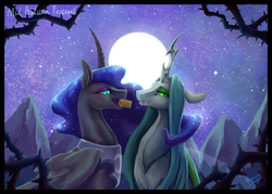 Size: 3625x2598 | Tagged: source needed, safe, artist:begasus, nightmare moon, queen chrysalis, alicorn, changeling, changeling queen, pony, g4, cute, cutealis, female, high res, lesbian, mare, mid-autumn festival, moonabetes, mooncake, ship:chrysmoon, shipping