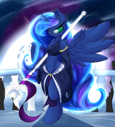Size: 3500x3850 | Tagged: safe, artist:madacon, princess luna, anthro, unguligrade anthro, g4, belly button, chest fluff, clothes, color porn, female, high res, moon, polearm, solo