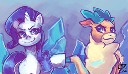 Size: 1024x589 | Tagged: safe, artist:checkerboardazn, rarity, velvet (tfh), deer, reindeer, them's fightin' herds, g4, community related, crossover, hoofbump, smirk