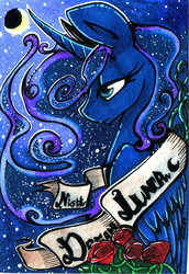 Size: 974x1416 | Tagged: safe, artist:ulkuchi, princess luna, g4, crescent moon, design, female, portrait, rose, solo