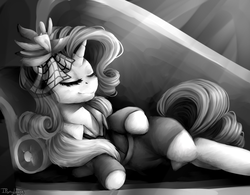 Size: 1024x800 | Tagged: safe, artist:iponylover, rarity, g4, rarity investigates, fainting couch, female, grayscale, lounge, monochrome, solo