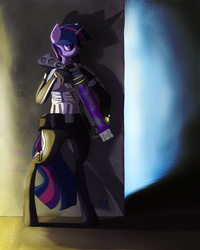Size: 2400x3000 | Tagged: safe, artist:aaronmk, twilight sparkle, anthro, g4, energy weapon, fallout, female, graffiti, gun, high res, laser, laser rifle, rifle, solo, stealth suit, stealth suit mk ii, weapon