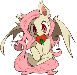 Size: 659x641 | Tagged: safe, artist:dilandau203, fluttershy, bat pony, pony, g4, apple, cute, female, flutterbat, looking at you, mare, mouth hold, nom, shyabates, shyabetes, simple background, sitting, smirk, solo, spread wings, white background
