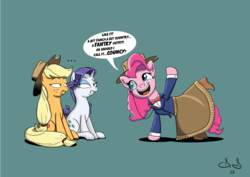 Size: 1024x724 | Tagged: safe, artist:doppiad-doubled, applejack, pinkie pie, rarity, g4, ..., combination, country, fancy, grimace, hat, looking at each other, monocle, outfit, portmanteau