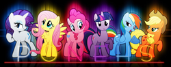 Size: 955x375 | Tagged: artist needed, safe, applejack, fluttershy, pinkie pie, rainbow dash, rarity, twilight sparkle, g4, mane six, wallpaper