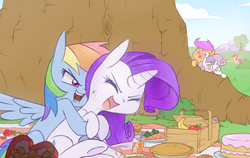 Size: 1084x683 | Tagged: safe, artist:raridashdoodles, apple bloom, rainbow dash, rarity, scootaloo, sweetie belle, earth pony, pegasus, pony, unicorn, g4, blushing, bow, chocolate, cutie mark crusaders, date, eyes closed, female, filly, hair bow, lesbian, mare, open mouth, peeping, picnic, playing, ship:raridash, shipping, voyeur, voyeurism
