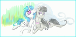 Size: 1024x500 | Tagged: safe, artist:gloriajoy, dj pon-3, octavia melody, vinyl scratch, g4, female, grin, lesbian, ship:scratchtavia, shipping