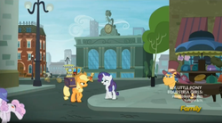 Size: 1658x916 | Tagged: safe, screencap, applejack, lucky breaks, pearmain worcester, rarity, stinky bottom, earth pony, pony, unicorn, g4, made in manehattan, background pony, carriage, discovery family logo, female, male, mare, stallion, taxi, taxi pony, unnamed character, unnamed pony