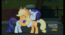 Size: 780x418 | Tagged: safe, screencap, applejack, rarity, earth pony, pony, unicorn, g4, made in manehattan, applejack's damaged hat, best friends, booty call, duo, eyes closed, female, glowing cutie mark, hug, mare, smiling