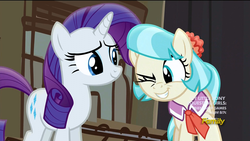 Size: 1920x1080 | Tagged: safe, screencap, coco pommel, rarity, g4, made in manehattan, cocobetes, cute, grin, smiling, wink