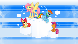 Size: 3840x2160 | Tagged: safe, artist:ctb-36, artist:zapplebow, apple bloom, fluttershy, rainbow dash, scootaloo, earth pony, pegasus, pony, g4, cube, cubes, high res, striped background, wallpaper