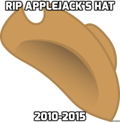 Size: 886x901 | Tagged: safe, g4, made in manehattan, applejack's hat, applejack's hat's death, caption, cowboy hat, hat, rest in peace, simple background, stetson, transparent background