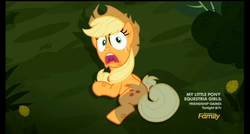 Size: 777x416 | Tagged: safe, screencap, applejack, g4, made in manehattan, applejack's damaged hat, faic, out of context