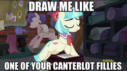 Size: 800x450 | Tagged: safe, edit, edited screencap, screencap, coco pommel, earth pony, pony, g4, made in manehattan, canterlot, caption, coco's apartment, draw me like one of your french girls, eyes closed, female, image macro, mare, meme, smiling, solo, titanic