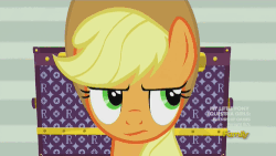 Size: 500x281 | Tagged: safe, screencap, applejack, earth pony, pony, g4, made in manehattan, animated, applejack's hat, chest, cowboy hat, discovery family, discovery family logo, eyeroll, female, hat, mare, solo, stetson, unamused
