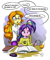 Size: 2000x2400 | Tagged: safe, artist:ponut_joe, adagio dazzle, aria blaze, equestria girls, g4, 42, adoragio, ariabetes, book, chair, clothes, cup, cute, dialogue, discussion in the comments, drink, duo, female, glasses, high res, homework, juice, mamadagio, math, nerddagio, open mouth, pants, pen, siblings, speech bubble, straw, sweater, table, the dazzlings, younger